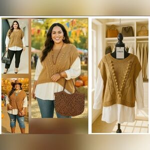Cable Knit 3X Attached Vest Sweater Cottagecore Boho Chic Coastal Cowgirl Career